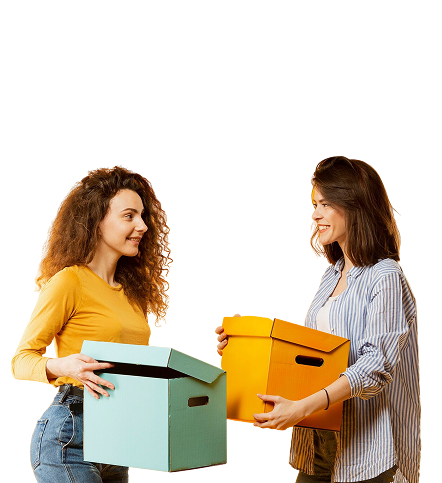 Two women exchanging colorful boxes - representing the SwapIt community sharing and swapping items